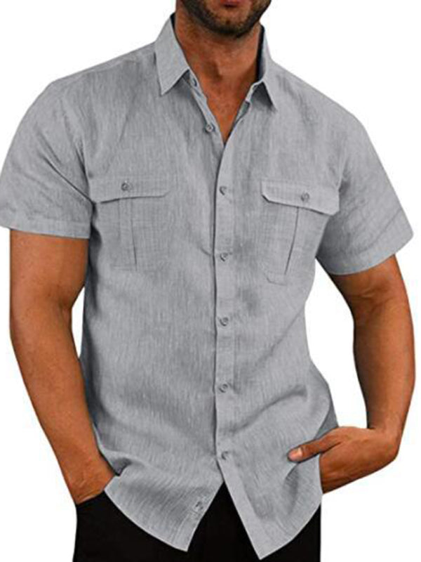 Men's Shirt Double Pocket Cotton Linen Short Sleeve Shirt Casual Vacation Shirt kakaclo