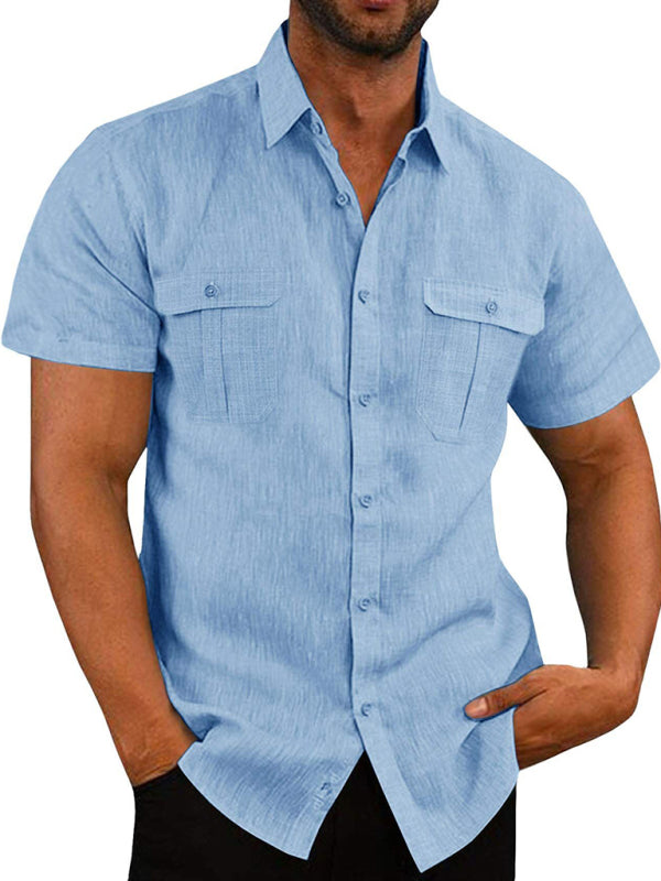 Men's Shirt Double Pocket Cotton Linen Short Sleeve Shirt Casual Vacation Shirt kakaclo