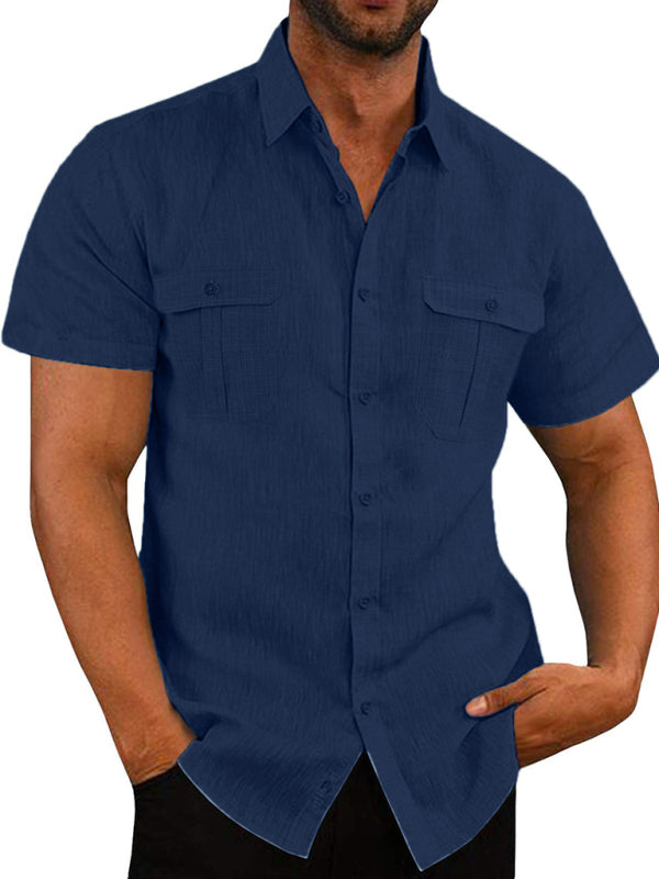 Men's Shirt Double Pocket Cotton Linen Short Sleeve Shirt Casual Vacation Shirt kakaclo