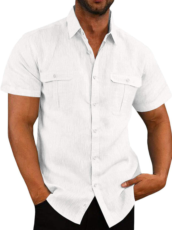 Men's Shirt Double Pocket Cotton Linen Short Sleeve Shirt Casual Vacation Shirt kakaclo