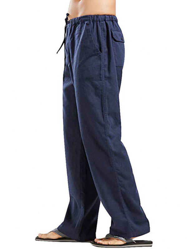 Men's Solid Color Linen Blend Drawstring Pants kakaclo