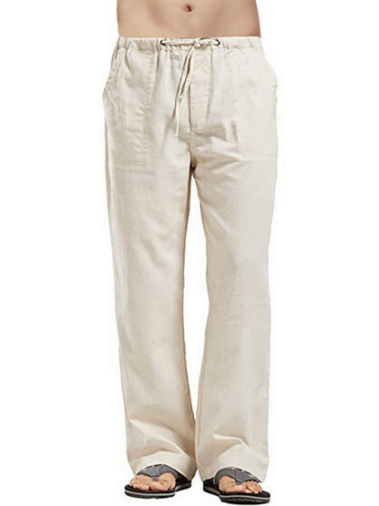 Men's Solid Color Linen Blend Drawstring Pants kakaclo