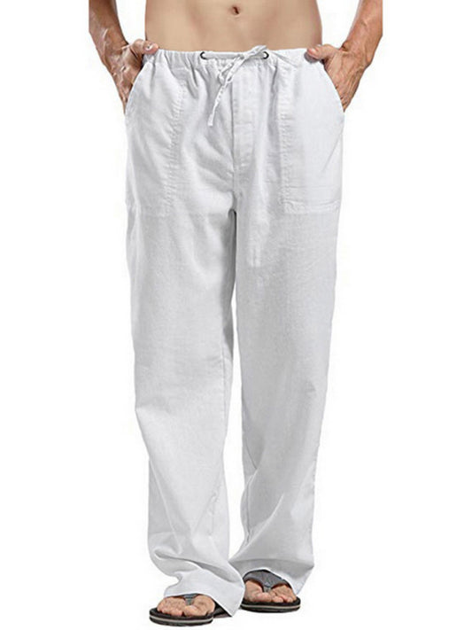 Men's Solid Color Linen Blend Drawstring Pants kakaclo