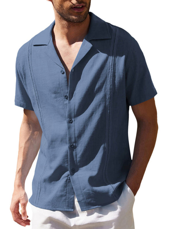 Men's Loose Casual Linen Shirt Cuban Guayabera Short Sleeve Beach Shirt kakaclo
