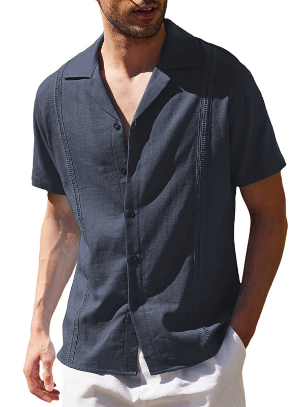 Men's Loose Casual Linen Shirt Cuban Guayabera Short Sleeve Beach Shirt kakaclo