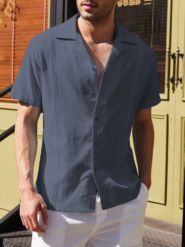 Men's Loose Casual Linen Shirt Cuban Guayabera Short Sleeve Beach Shirt kakaclo