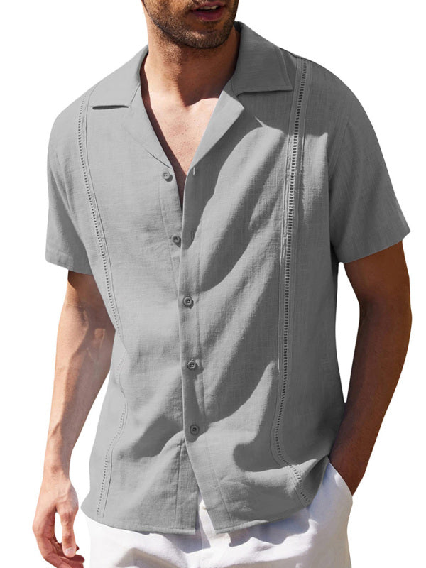 Men's Loose Casual Linen Shirt Cuban Guayabera Short Sleeve Beach Shirt kakaclo