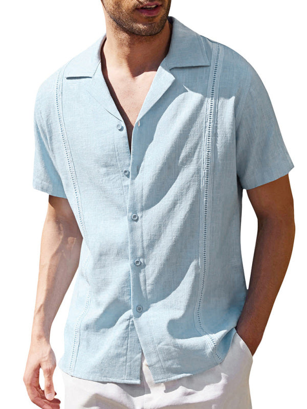 Men's Loose Casual Linen Shirt Cuban Guayabera Short Sleeve Beach Shirt kakaclo