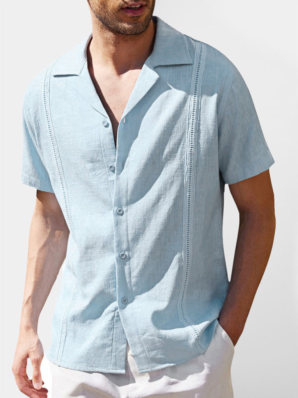 Men's Loose Casual Linen Shirt Cuban Guayabera Short Sleeve Beach Shirt kakaclo