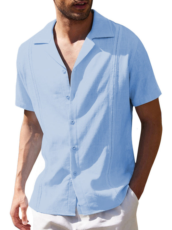 Men's Loose Casual Linen Shirt Cuban Guayabera Short Sleeve Beach Shirt kakaclo