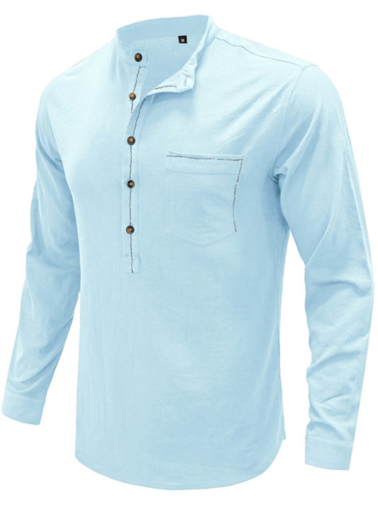 Men's woven solid color long-sleeved cotton and linen shirt kakaclo