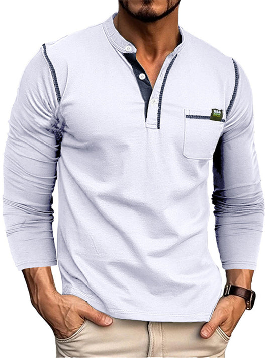 New Men's Henley Color Block Knitted Long Sleeve T-Shirt kakaclo
