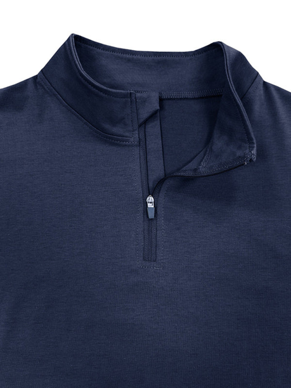 New Men's Long Sleeve Stand Collar Pullover Zip Polo Shirt