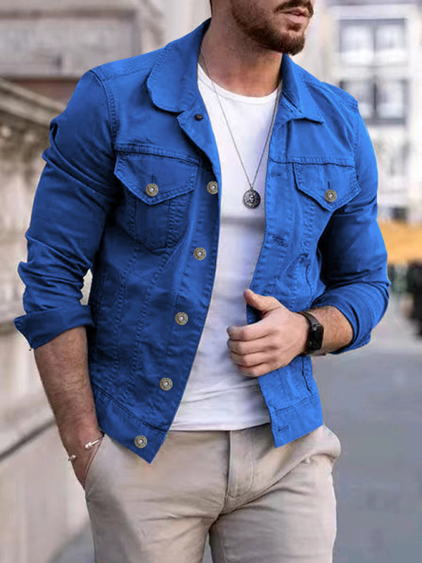 Men's new long-sleeved casual slim jacket multi-pocket button denim jacket