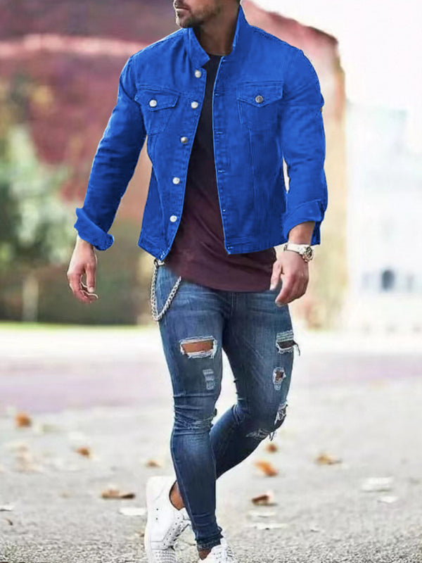 Men's new long-sleeved casual slim jacket multi-pocket button denim jacket