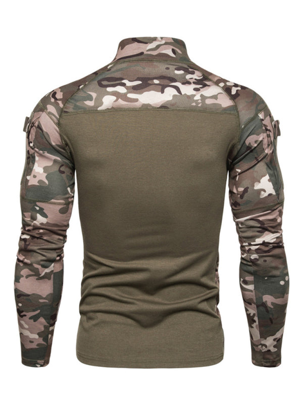Men's Military Field Outdoor Elastic Fitness Camouflage Long Sleeve Zipper Pocket T-Shirt kakaclo
