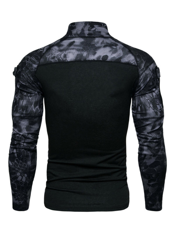 Men's Military Field Outdoor Elastic Fitness Camouflage Long Sleeve Zipper Pocket T-Shirt kakaclo