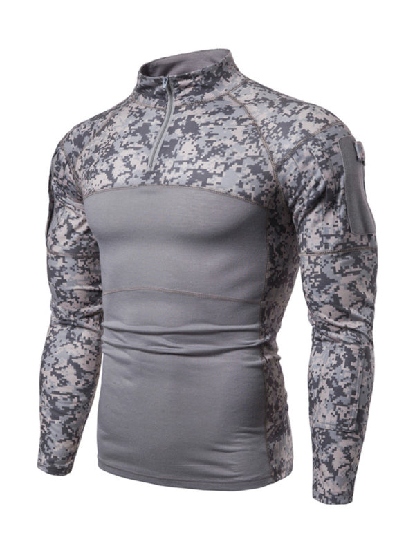 Men's Military Field Outdoor Elastic Fitness Camouflage Long Sleeve Zipper Pocket T-Shirt kakaclo