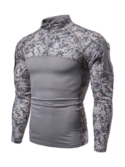 Men's Military Field Outdoor Elastic Fitness Camouflage Long Sleeve Zipper Pocket T-Shirt kakaclo