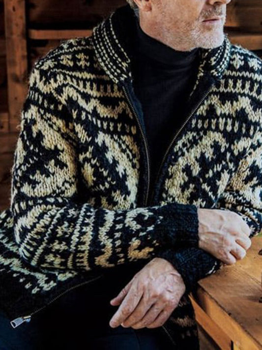 Men's Jacquard Knit Jacket Lapel Long Sleeve Jacket Sweater kakaclo