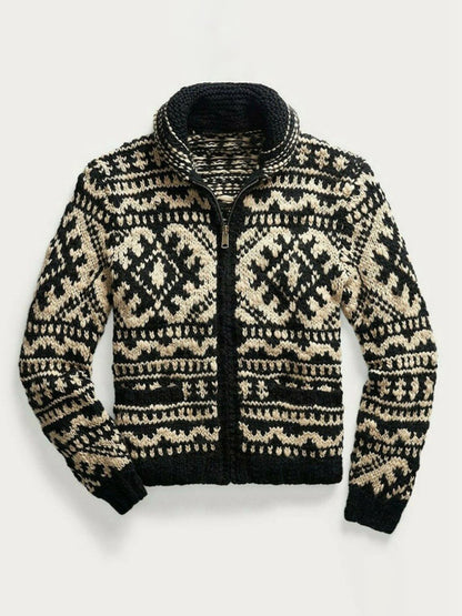 Men's Jacquard Knit Jacket Lapel Long Sleeve Jacket Sweater kakaclo