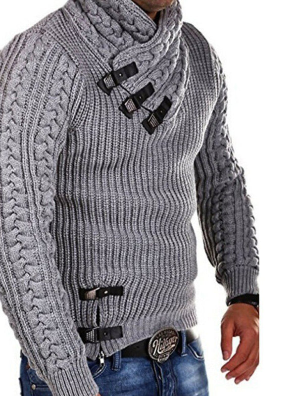 New men's sweater long sleeve leather button sweater top pullover sweater