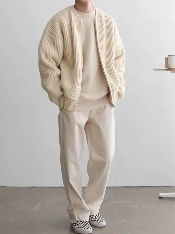 Men's solid color loose casual lazy style knitted sweater cardigan kakaclo