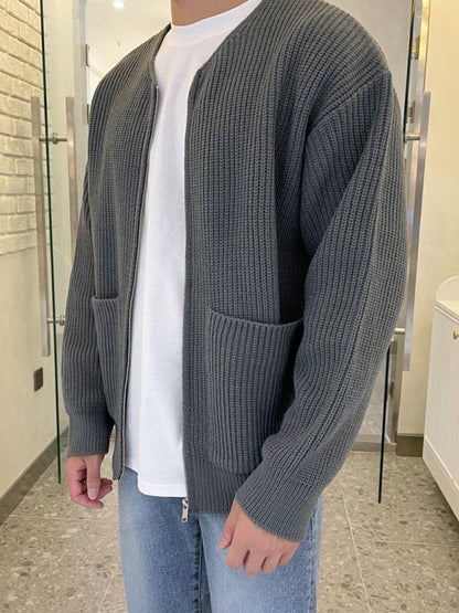 Men's solid color loose casual lazy style knitted sweater cardigan kakaclo