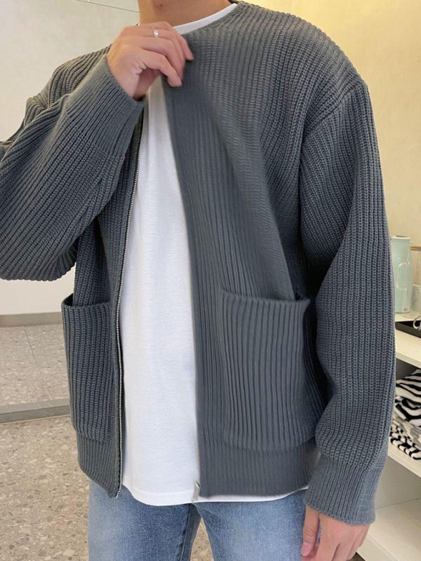 Men's solid color loose casual lazy style knitted sweater cardigan kakaclo