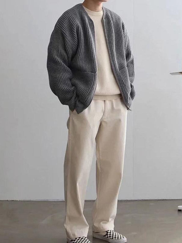 Men's solid color loose casual lazy style knitted sweater cardigan kakaclo