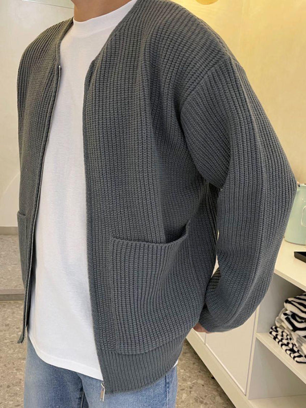 Men's solid color loose casual lazy style knitted sweater cardigan kakaclo