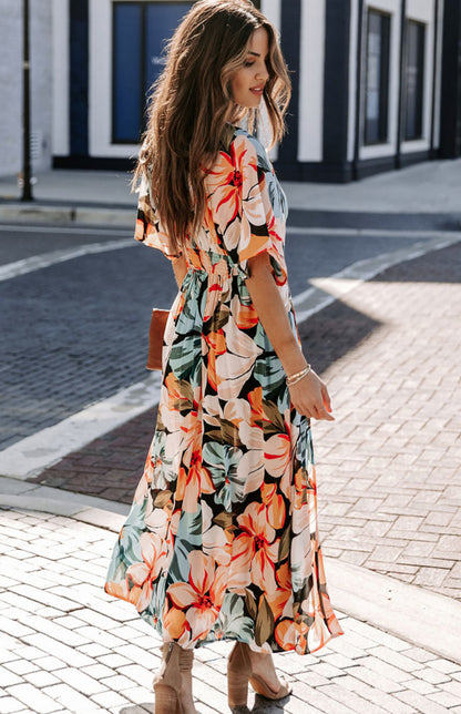 Women's Orange Split Floral Kimono Long Dress kakaclo