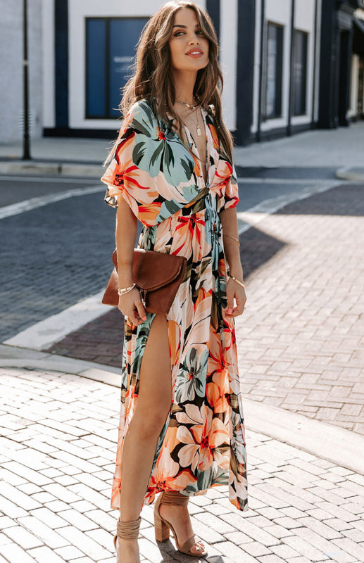 Women's Orange Split Floral Kimono Long Dress kakaclo