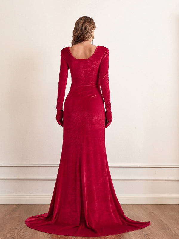 Women’s Long Sleeve Velvet Wrap Maxi Dress With Sweetheart Neckline kakaclo