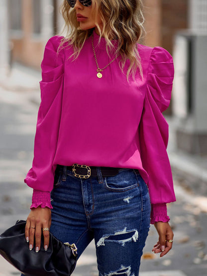Women’s Solid Color In Mock Neck With Smocked Cuff Ruched Long Sleeve Blouse kakaclo