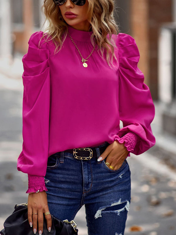 Women’s Solid Color In Mock Neck With Smocked Cuff Ruched Long Sleeve Blouse kakaclo