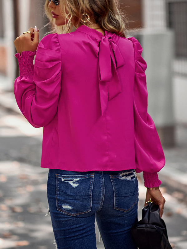 Women’s Solid Color In Mock Neck With Smocked Cuff Ruched Long Sleeve Blouse kakaclo