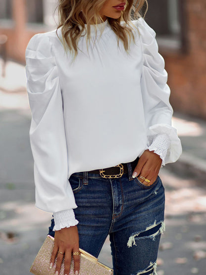 Women’s Solid Color In Mock Neck With Smocked Cuff Ruched Long Sleeve Blouse kakaclo