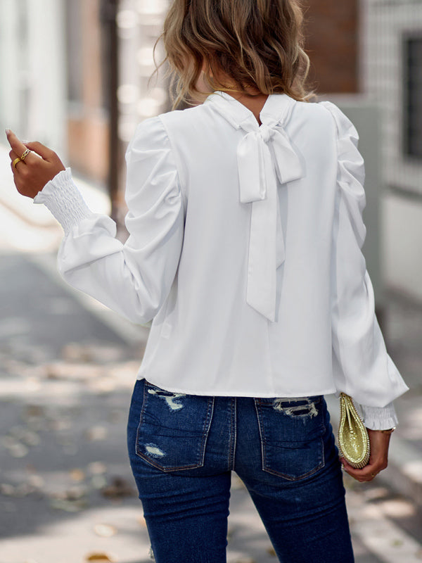 Women’s Solid Color In Mock Neck With Smocked Cuff Ruched Long Sleeve Blouse kakaclo
