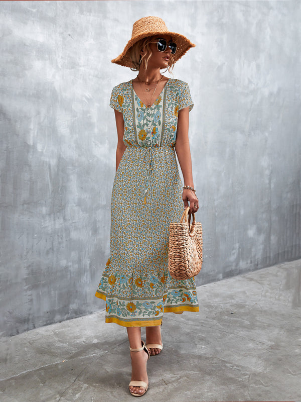 Women's Short Sleeves V-neck Long Bohemian Maxi Dress