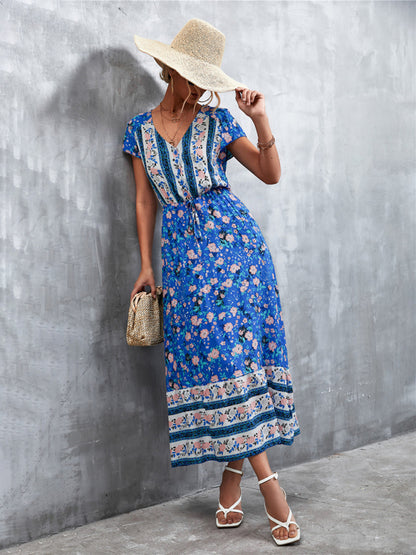 Women's Short Sleeves V-neck Long Bohemian Maxi Dress