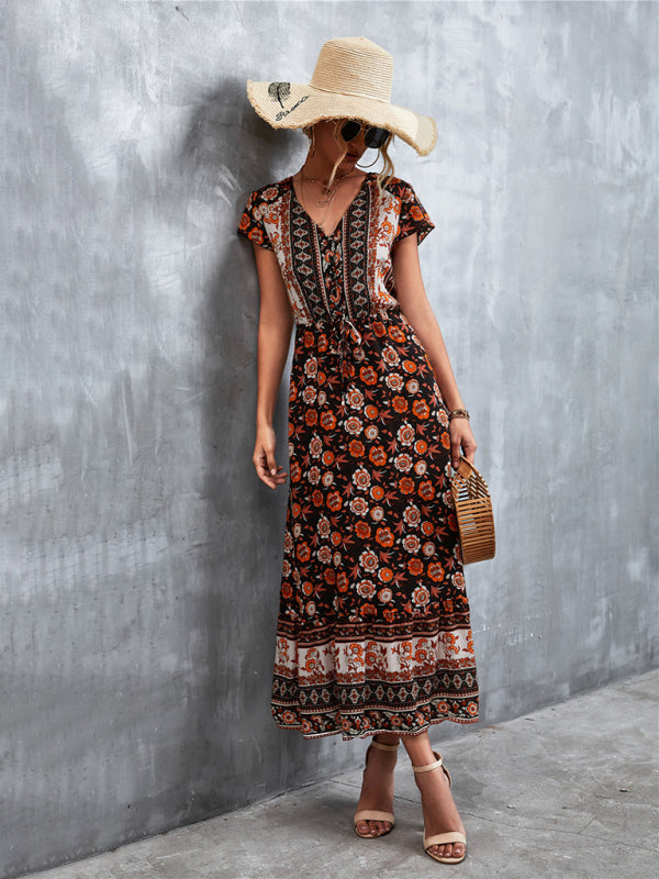 Women's Short Sleeves V-neck Long Bohemian Maxi Dress