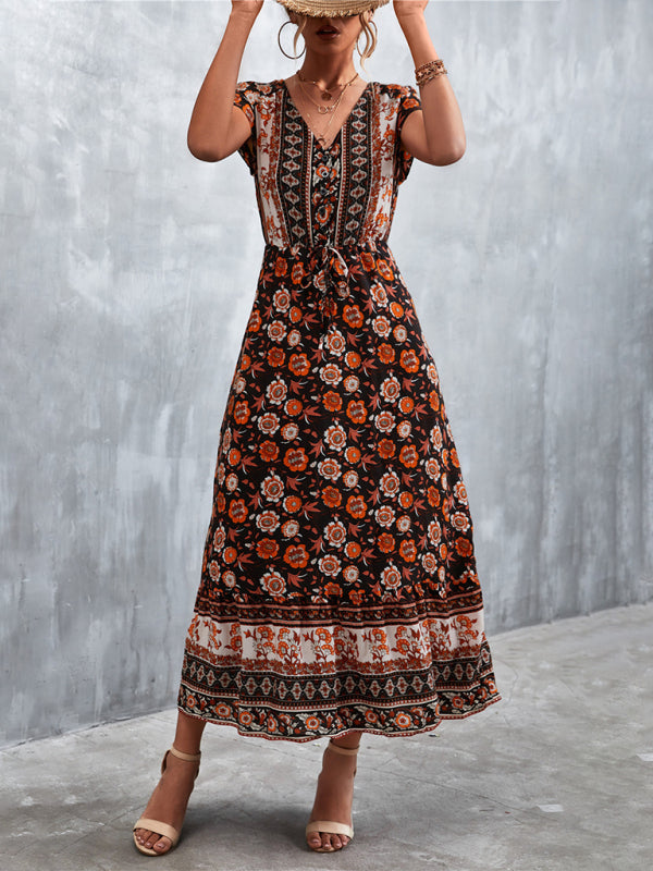 Women's Short Sleeves V-neck Long Bohemian Maxi Dress