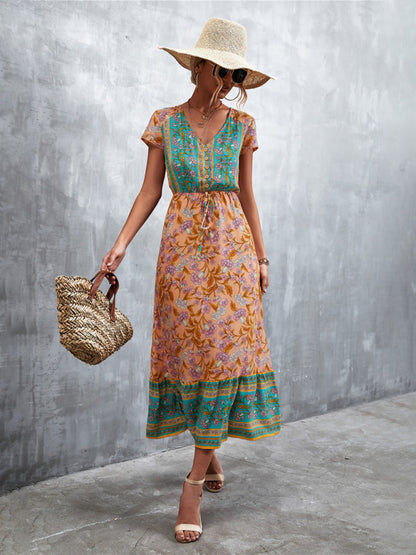 Women's Short Sleeves V-neck Long Bohemian Maxi Dress