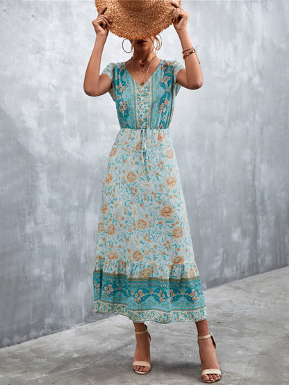 Women's Short Sleeves V-neck Long Bohemian Maxi Dress