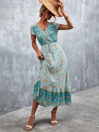 Women's Short Sleeves V-neck Long Bohemian Maxi Dress