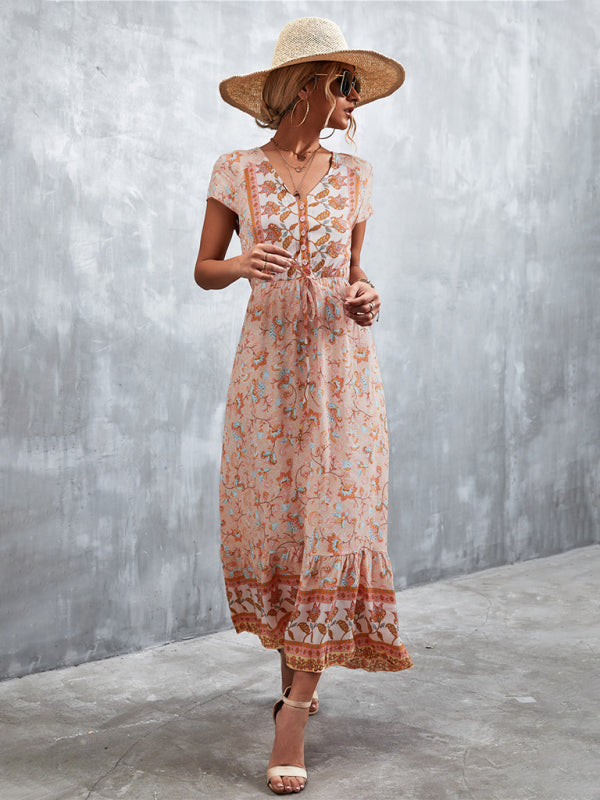 Women's Short Sleeves V-neck Long Bohemian Maxi Dress