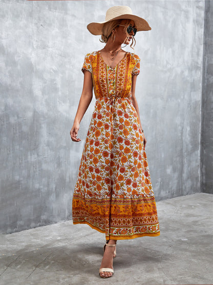 Women's Short Sleeves V-neck Long Bohemian Maxi Dress