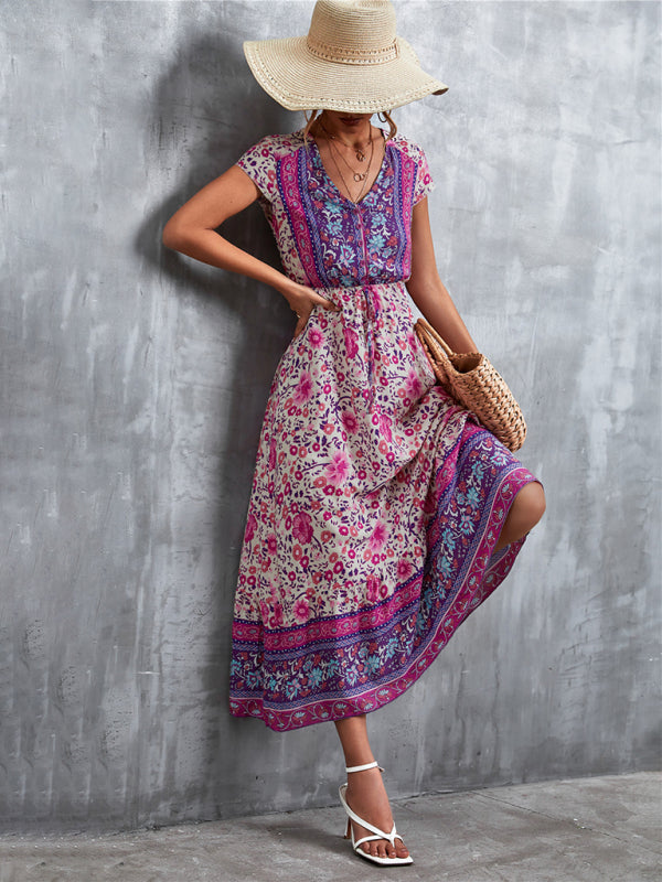 Women's Short Sleeves V-neck Long Bohemian Maxi Dress