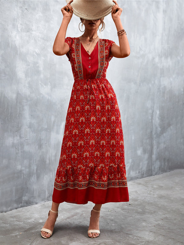 Women's Short Sleeves V-neck Long Bohemian Maxi Dress